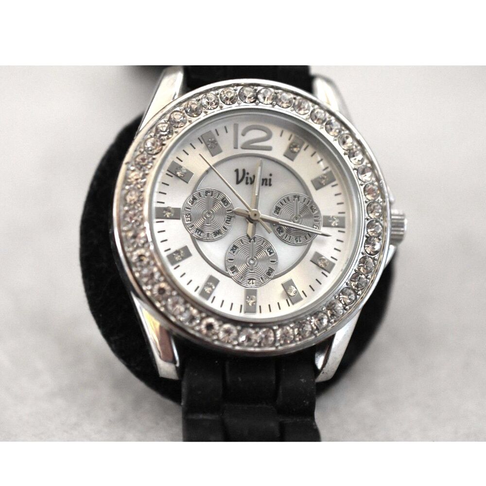 Vivani Rhinestone Accent Silver Tone Black Silicone Band New Battery Watch